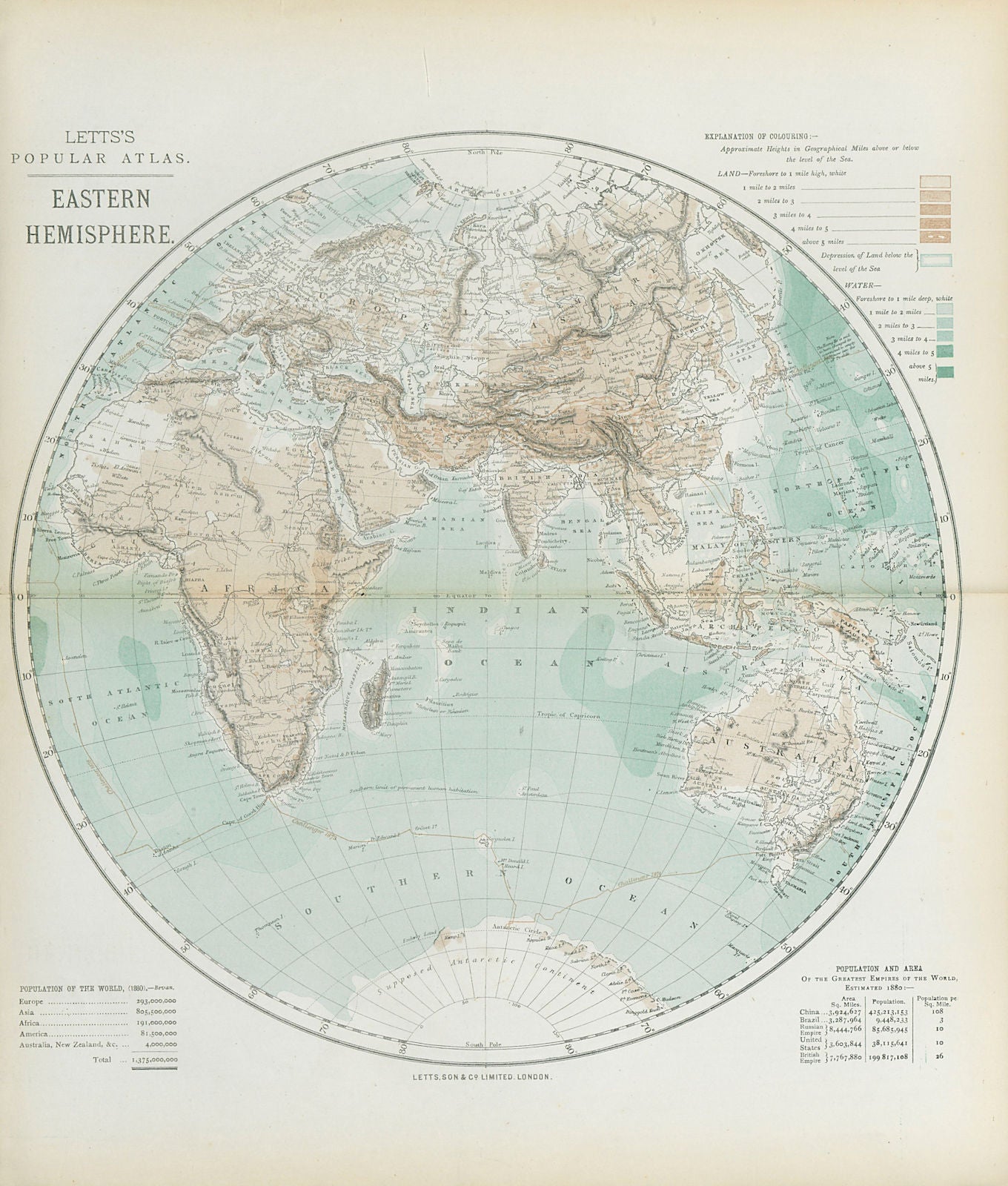EASTERN HEMISPHERE relief. Europe Africa Asia Australia. LETTS 1883 old map